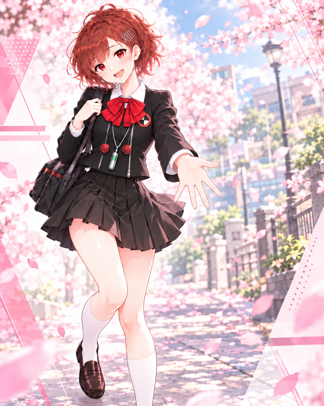 桜並木で手を差し伸べる汐見琴音のイラスト