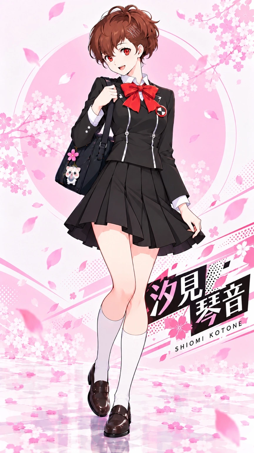 桜が舞う中に立つ、汐見琴音の名前入りイラスト。白い靴下と黒い制服、通学バッグにはちまこびとのチャーム。