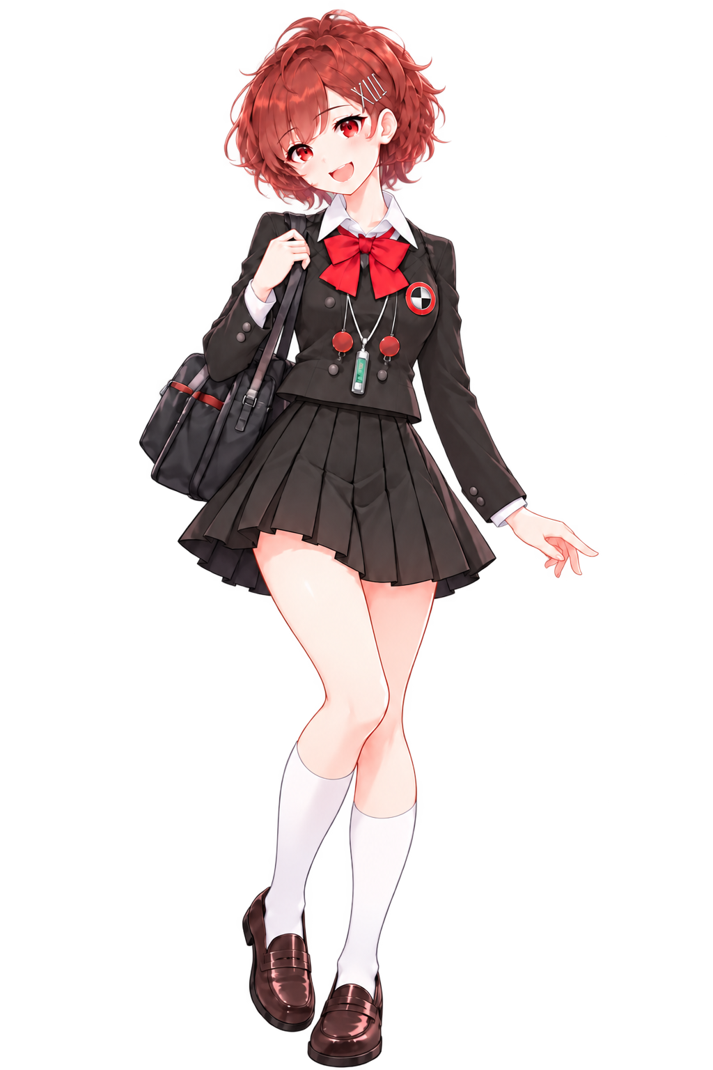 汐見琴音の全身立ち絵。短い赤茶髪に銀色のピン、黒い制服に赤いリボン、胸元の音楽プレイヤー
